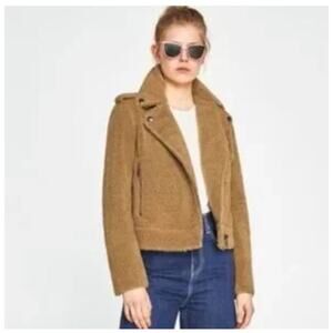 Zara Women Brown Teddy Moto Full Zip Jacket Size S